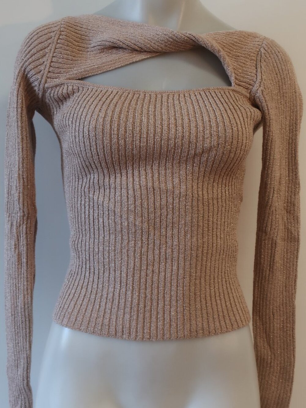 Womens Intermix Metallic Gold Open Twist Neck Sweater P/S - Picture 3 of 8